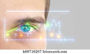 Close up of male eye with iris scan on a grey background. Future technology, identity recognition and vision concept.