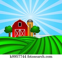 celeiro vermelho, com, silo grão, ligado, pasto verde, ilustração