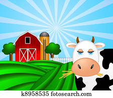 Cow on Green Pasture with Red Barn with Grain Silo Cow on Green Pasture with Red Barn with Grain Silo