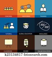 Flat design set of vector line icons of coaching mentoring train Flat design set of vector line icons of coaching mentoring train