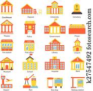 Government buildings icons set Government buildings icons set