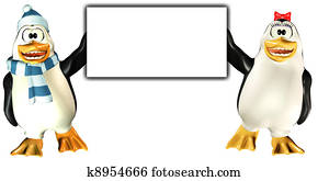 Happy Penguins holding a sign