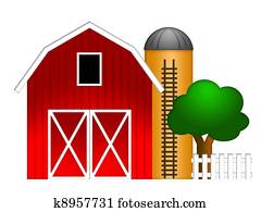 Red Barn with Grain Silo Illustration Red Barn with Grain Silo Illustration