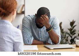 rubba, afrikansk, sökande, deprimerat, om, förkastande, på, missat, arbete samtalen