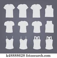 Set of different realistic white female and male t-shirt. Front and back view. Shirt sleeveless, short-sleeve, singlet, tank top. Vector illustration collection in gray background.