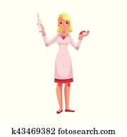 Female anesthetist doctor standing holding syringe and pills
