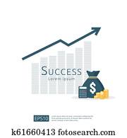 kapitalverzinsung, roi, concept., geschäftswachstum, pfeile, to, success., dollar, stapel- stapel, geldmünzen, und, geld, bag., tabelle, vergrößern, profit., finanz, dehnen, steigend, auf., spruchbaender, flache, stil, vektor, abbildung