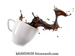 Liquid coffee wave splashing out from a white cup mug. Liquid coffee wave splashing out from a white cup mug.