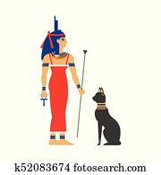 vector flat Isis egypt goddes and black cat