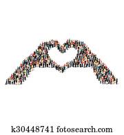 leute, crowd, hand, herz, liebe