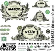 vektor, geld, und, rahmen, schablone, satz vektor, geld, und, rahmen, schablone, satz