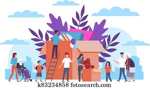 Volunteers. Team supporting disabled, humanitarian and material assistance, community helping old and sick people, charity vector concept