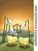 snowdrop, y, pollo, en, pascua, día