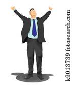Excited business man with arms raised in success isolated on white, illustration