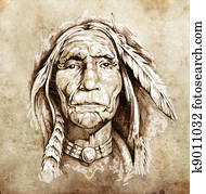 Sketch of tattoo art, portrait of american indian head Stock Image