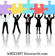 empresarios, equipo, asimiento, rompecabezas, solución