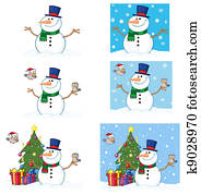 Friendly Snowman With A Cute Birds Friendly Snowman With A Cute Birds