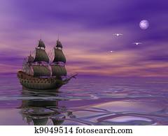 Flying Dutchman, pirate ship sailing in the moonlight Flying Dutchman, pirate ship sailing in the moonlight
