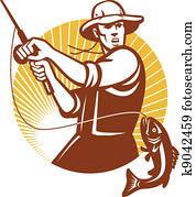 voe pescador, pesca, retro, woodcut