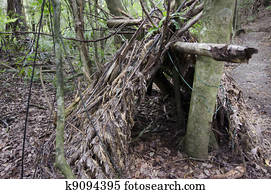 selva, sobrevivência, -, escombros, cabanas