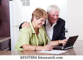 feliz, par velho, usando, banco internet