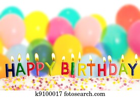Happy birthday lit candles on colorful balloons background Happy birthday lit candles on colorful balloons background