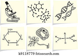 Biology and chemistry icons on yellow memo sticks