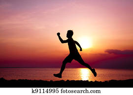 dass, silhouette, von, läufer, strand