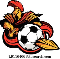 Greek Trojan or Roman Soldier Mascot holding a sword piercing a soccer ball Greek Trojan or Roman Soldier Mascot holding a sword piercing a soccer ball