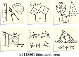 Mathematics and geometry icons and formulas on yellow memo sticks