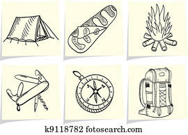 Set of camping and outdoor equipment on yellow memo sticks