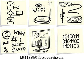 tecnologia informação, e, internet, esboço, ícones, ligado, amarela, memorando, varas