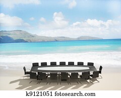 3D rendering of a Meeting table and chairs in the water of a Caribbean beach