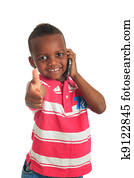 African American child with black telephone isolated