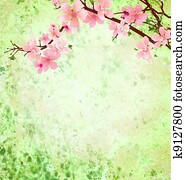 pink cherry blossom branch on green grunge background easter illustration idea pink cherry blossom branch on green grunge background easter illustration idea