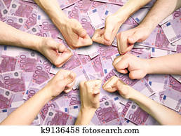 Hands with the fingers lifted upwards gesture OK on 500 euro money background collage