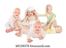 many joyful smiling babies six group sitting looking at camera isolated collage