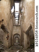 Stone building bricks and cement in ruins