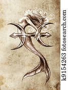 Tattoo art, sketch of a mermaid, pisces vintage style Tattoo art, sketch of a mermaid, pisces vintage style