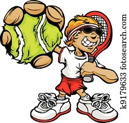 criança, jogador tênis, segurando, racquet, e, bola