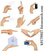 Set of hands holding objects