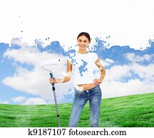 junge frau, mit, farbpinsel, und, natürlich, landschaft