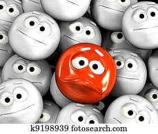Angry emoticon face among other grey, neutral, indifferent faces
