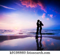 par romántico, en, playa, en, ocaso