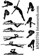 natação, &, mergulhar, femininas, silhuetas