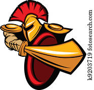 trojan, mascote, corporal, com, espada, e, escudo, vetorial, ilustração