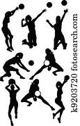 voleibol, femininas, silhuetas, em, atlético, poses