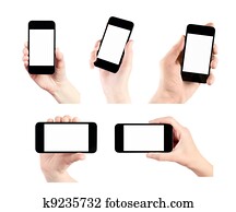 Set Of Mobile Smart Phone With Blank Screen In Hand 