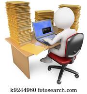 3d, schreiber, arbeitende, in, büro, mit, viel, machen