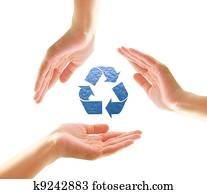 frau reicht, mit, verwerten wieder, form, von, wasser, freigestellt, weiß